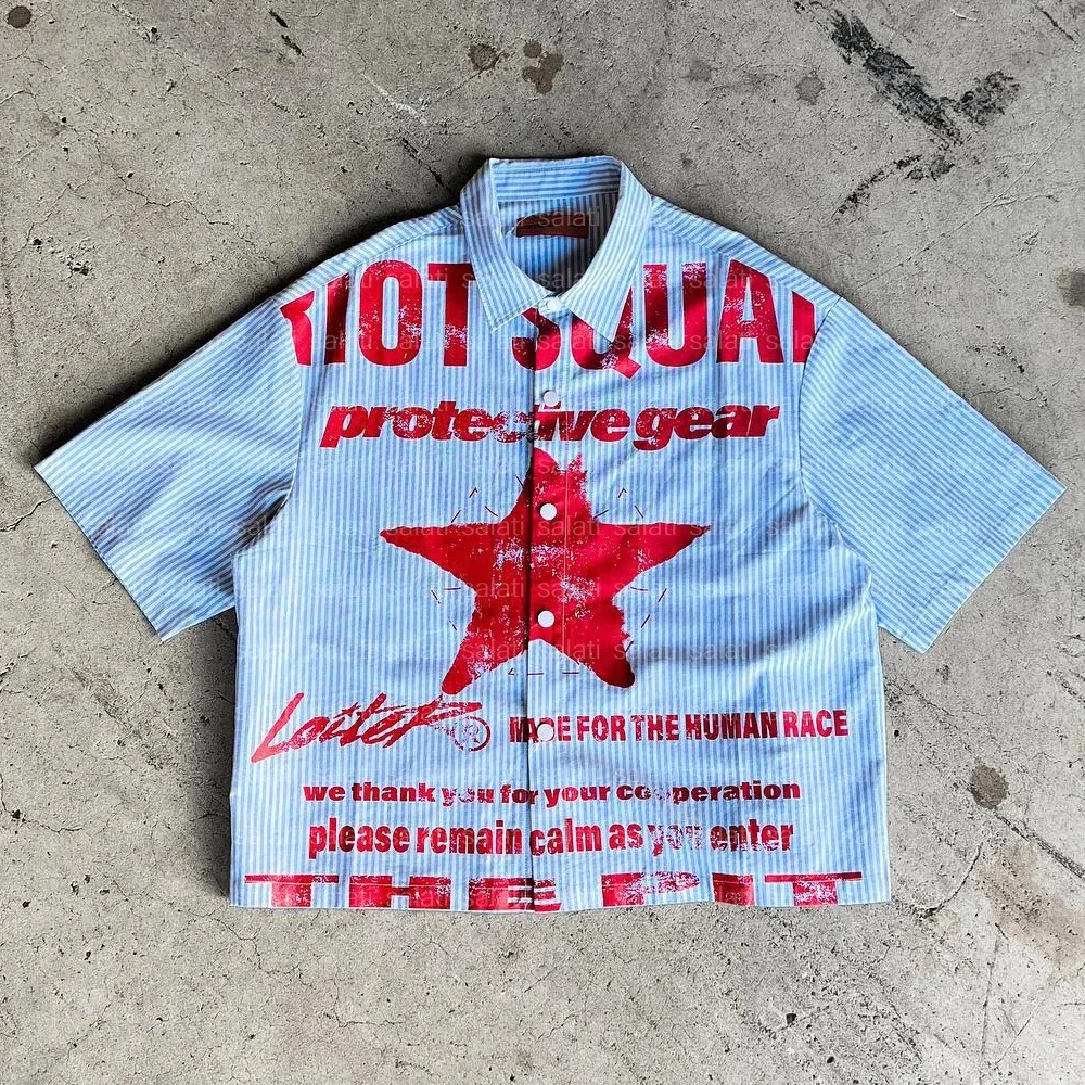 Custom High Quality Streetwear Hip Hop Screen Printed Shorts Sleeve Stripe Boxy Fit Polo Collar T-shirts Button up Shirts Men
