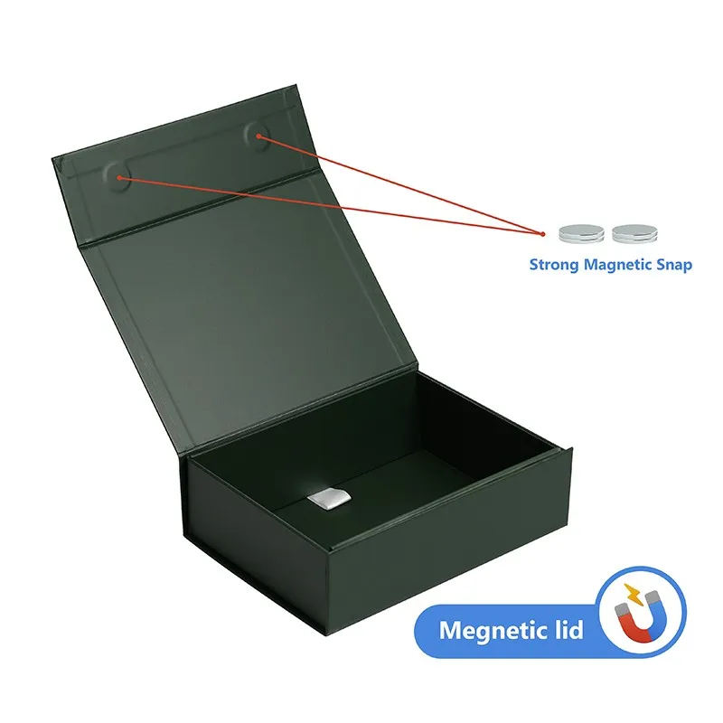 Custom Magnetic Folding Box Forest Green Matte Fabric Pull Tab Flat Pack Design for Fashion Apparel Packaging Wholesale Supplier