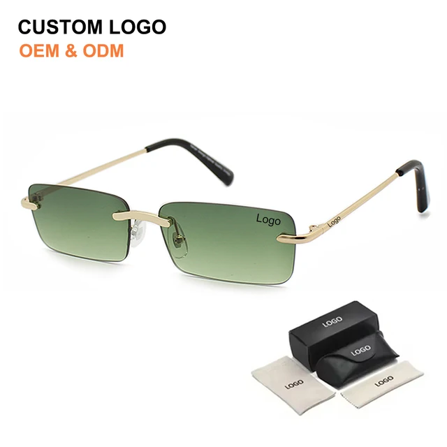 Hot Selling Women's UV400 Sun Glasses Custom Logo High Quality Small Rectangle Gold Rimless Frame Men's Sunglasses Metal Shades