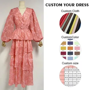 New Manufacturer Custom Printed Floral Long Sleeve V-neck Waist Belt High Waist Women Casual Elegant Dresses