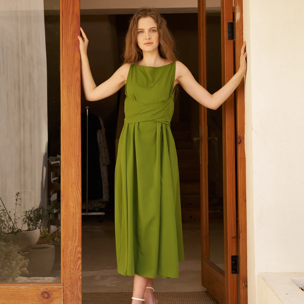 2026 New Design Women Summer Vestido Casual Beach Dresses Green Sleeveless  A-Line Midi Dress for Online Retailer