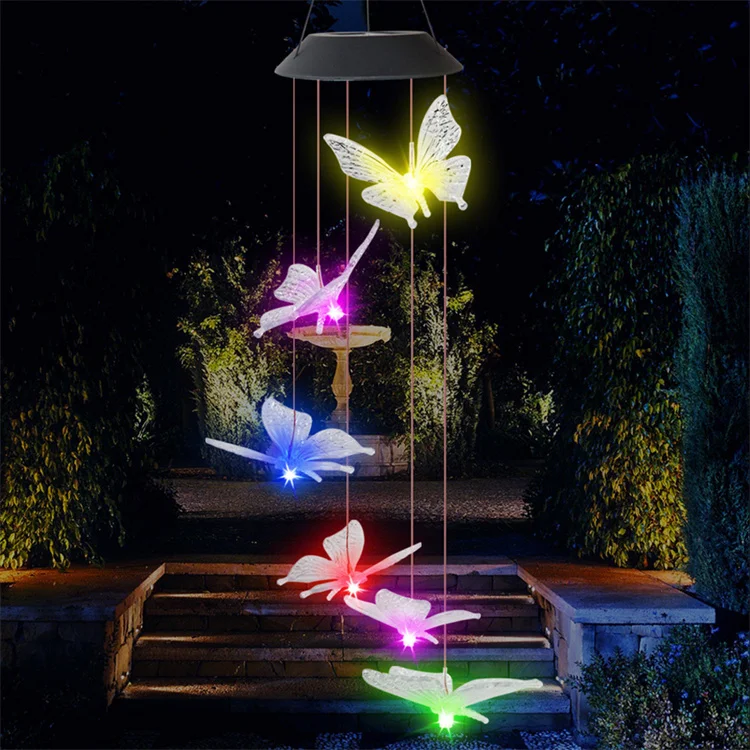 thumbnail interactive-video image 1 of Solar LED Butterfly Wind Chime – Color-Changing Lights, Clear Acrylic, Multi-Color Garden Decor 1 of 4