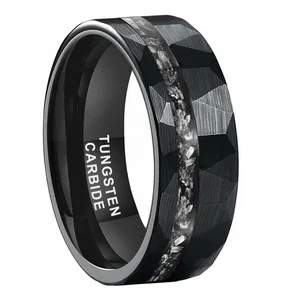 Coolstyle Jewelry 8mm Wholesale Black Hammered Tungsten Ring for Men Women Genuine Meteorite Chip Inlay Engagement Wedding Band