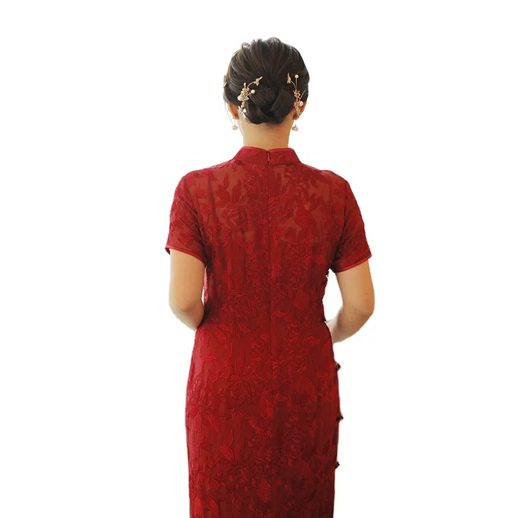 Elegant Ancient Style Chinese Traditional Silk Flower Sexy Lace Dress Women Cheongsam Qipao