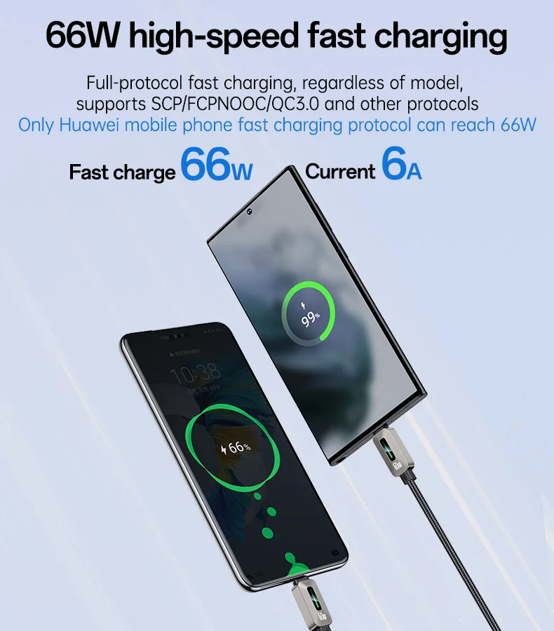 Yesido 1.2 Meter 66W Fast Charging USB to Type-C Streamer Light Support CarPlay Zinc Alloy Data Cable CA137C