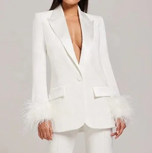 Custom High Quality Suit Women's Casual  Single Button V- Neck White Feather blazer for Women
