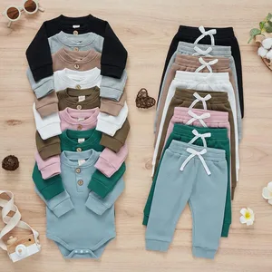 Ready Stock Wholesale Custom Autumn Toddler Kids 100% Cotton Waffle Knit Henley Bodysuit & Drawstring Boy Clothing Sets