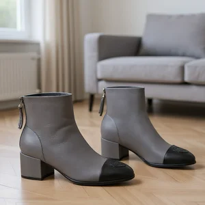 Grey & Black Ankle Boots, Ladies Heel Ankle Boot, Side Zipper, Ankle Boots Stylish & Comfortable, Ideal for All - Match Outfits