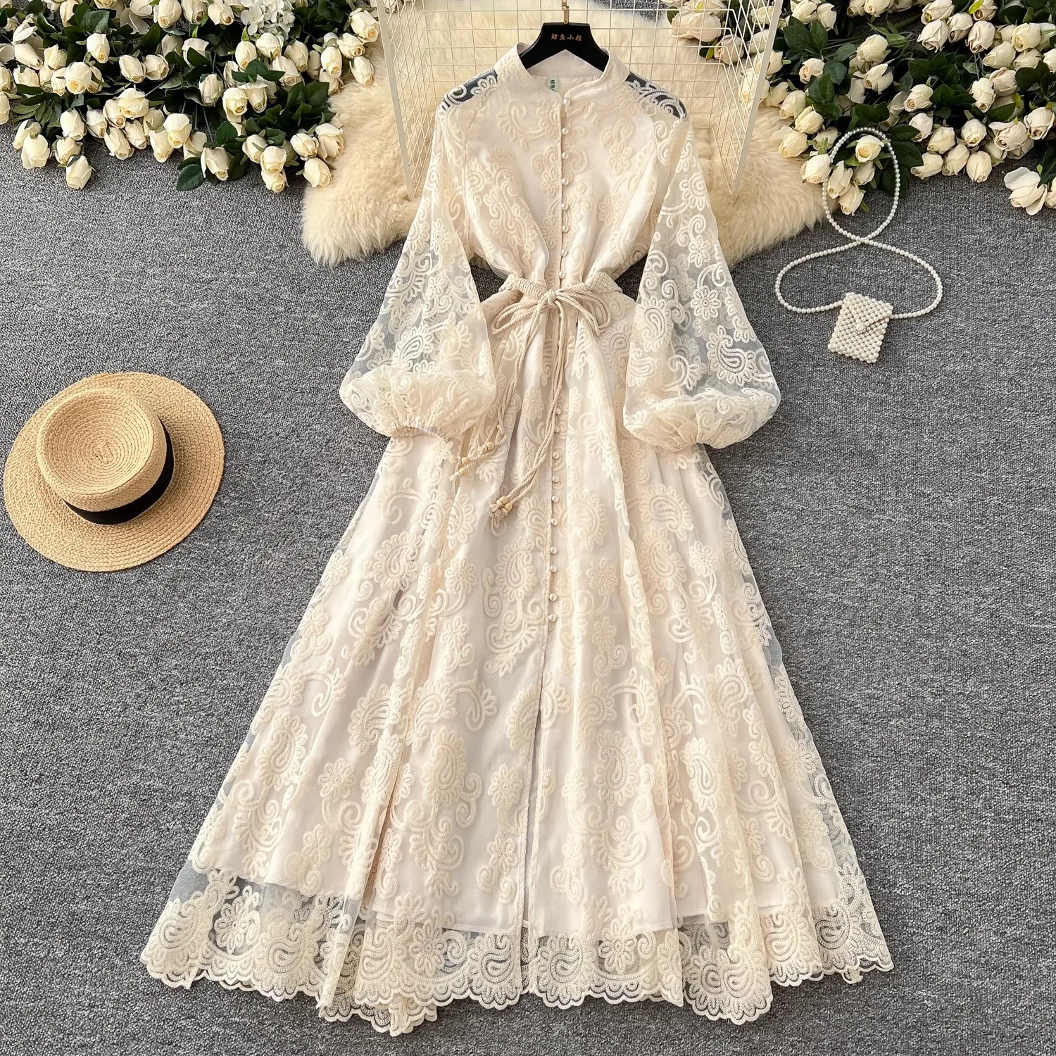 LW1052 Elegant Stand-Up Collar Heavy Work Embroidery Lantern Sleeve Lace-Up  Waist Swing Long Dress Luxury Women'S Elegant Dress| Alibaba.com