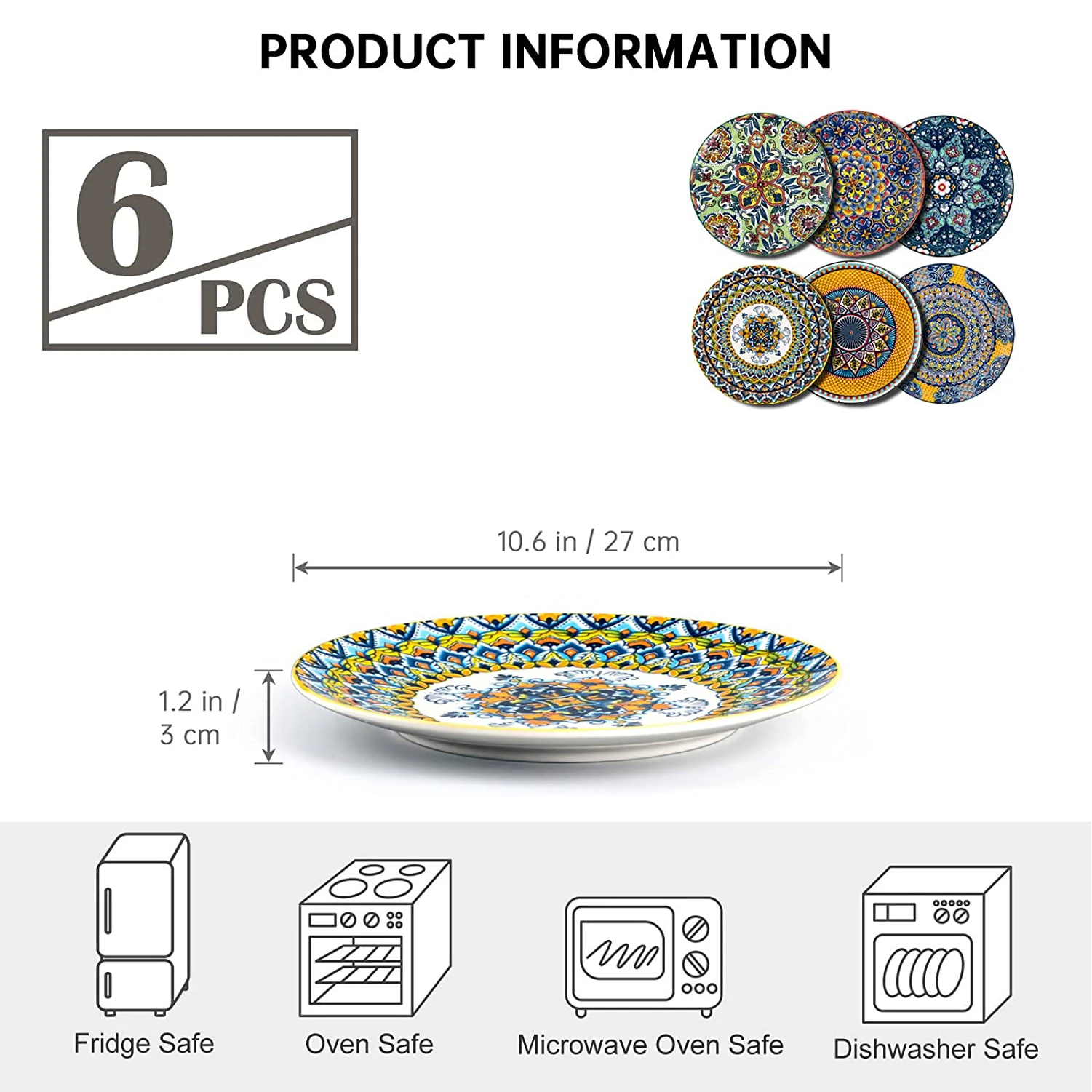 Set of 6 Bohemian Ceramic Stoneware Dinner Plates Colorful Charger Porcelain Tableware for Food & Home Use details