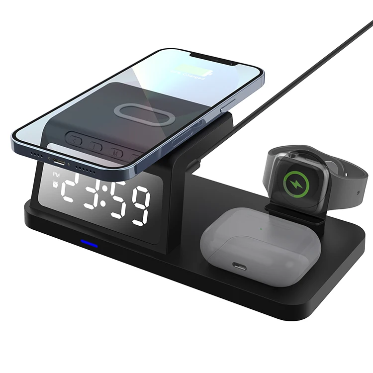 New Products 3in1 Wireless Charger with Alarm Clock HT-506 15W Fast Charging Station for iphone Iwatch Earphone Charger