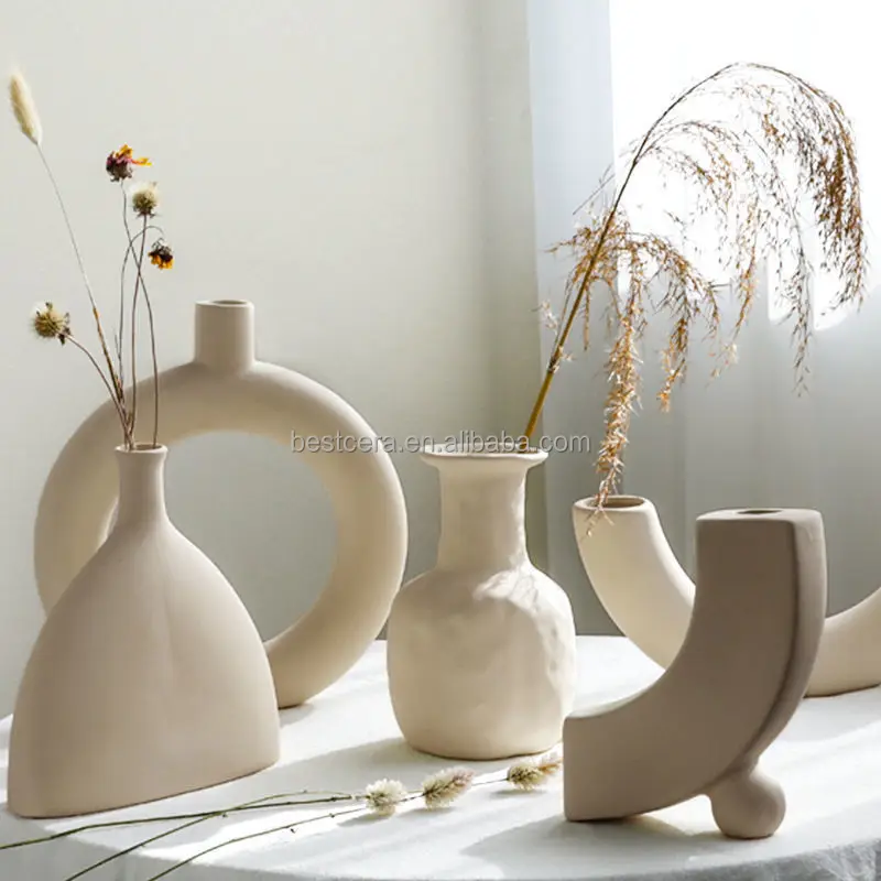 Nordic donut vase high-quality tabletop vase ins flower arrangement ivory white ceramic vase for home decor
