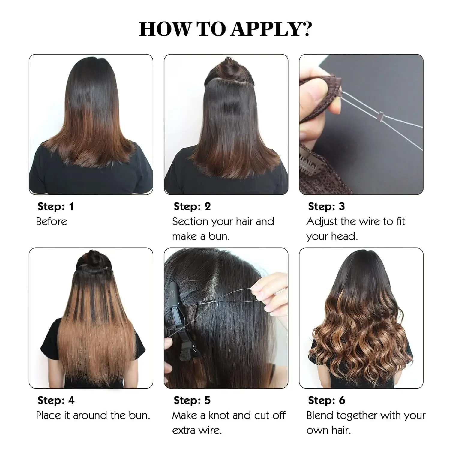 Black Remy Human Hair Extensions Invisible Wire Hairpiece with Fish Line_voghion.com