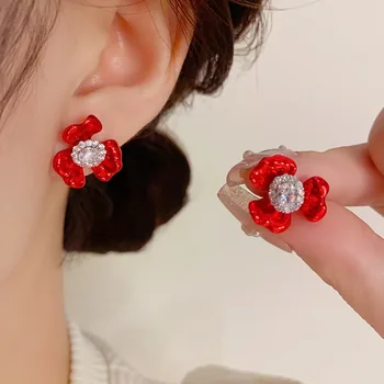 Needle Anti-Allergy Fashion Earrings Unique Design Delicate Spray Paint Flower Zircon Trendy Creative Gift Women