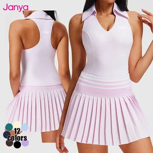 Janya Sleeveless Gym Fitness Top & Quick Dry Tennis Skirt 2 Pcs Set Anti-Exposure Color Blocking Golf Tennis Wear Sets for Women