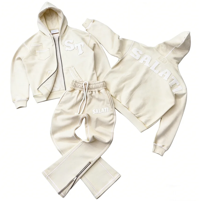 SALATI OEM Acid Wash Vintage Applique Letter Tracksuit Men Streetwear Distressed Patchwork Hoodie and Sweatpants Set Sweatsuit gallery 9