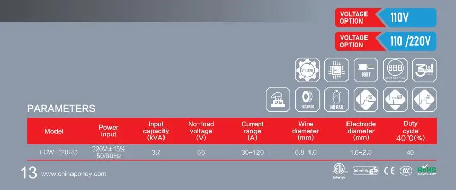 FCW -120RD  Multi-Process Flux ,TIG LIFT MMA  GASLESS IGBT MCU SYNERGIC DIGITAL DISPLAY 1KG Wire  WELDING MACHINE