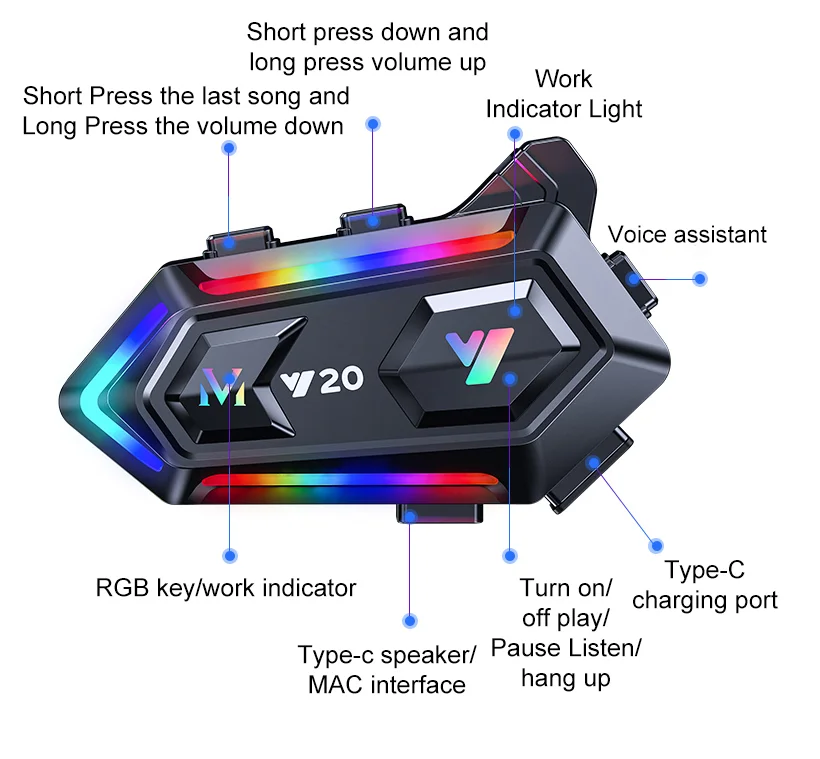 Motorcycle Intercom Headphone Dual Noise Reduction Wireless Helmet IPX6 Waterproof RGB Light Earphone with Microphone