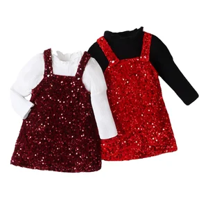 2023 New Design Toddler Kids Autumn Casual Clothes Sets Ribbed Three Quarter Sleeve Tops Sequins Suspender Dress 2pcs Girls