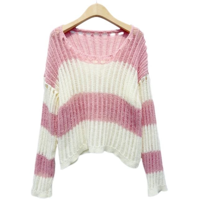 OEM ODM Sweet Style French Terry Pullover Hoodie Sweater Women Wide Stripe Loose Crew Neck Knitwaer