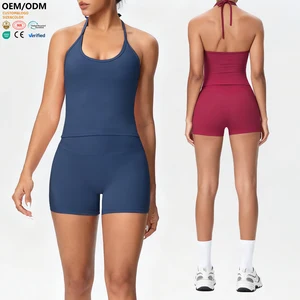 XW-7127+7101 Adult High Waist Fitness Outfit Solid Pattern Breathable Quick Dry Two Pieces Sportswear Backless Women Yoga Set