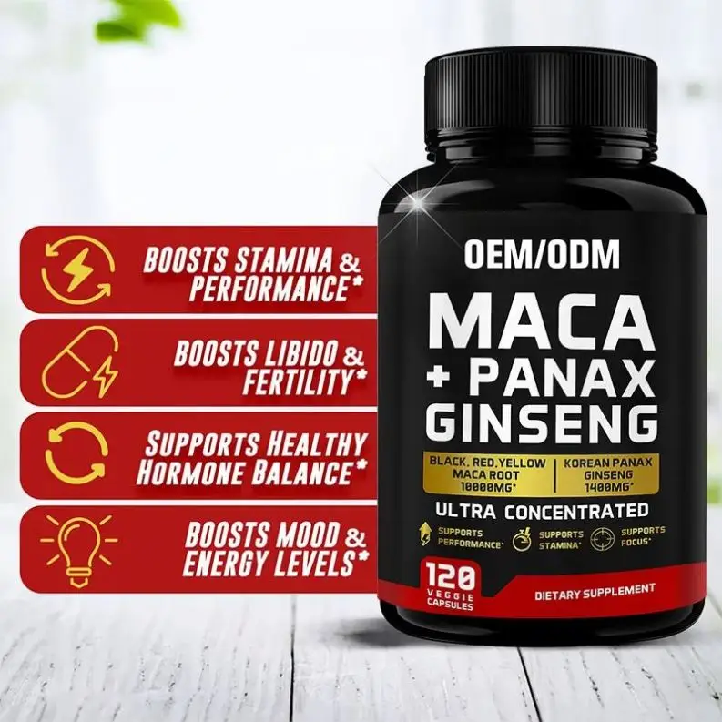 Good Quality OEM Maca Root Capsules 10000 mg Panax Ginseng Capsules Black Red Yellow Maca Root Supplement