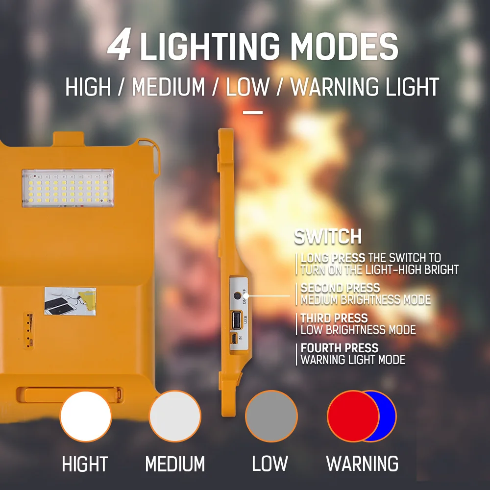Светодиодный солнечный прожектор Открытый IP55 Водонепроницаемый USB-прожектор для путешествий Портативное освещение
