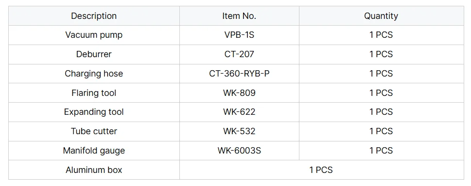 WK-7P Portable Refrigeration Tool Box Vacuum Pump Charging Hose Flaring Tool Pipe Cutter and Manifold Pressure Gauge