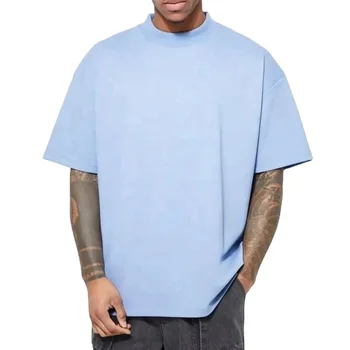 Men's 100% Cotton Custom logo Mock Ribbed Neck Drop Shoulder T-Shirt Blank Streetwear Heavyweight Plain Oversized tshirt 300 gsm