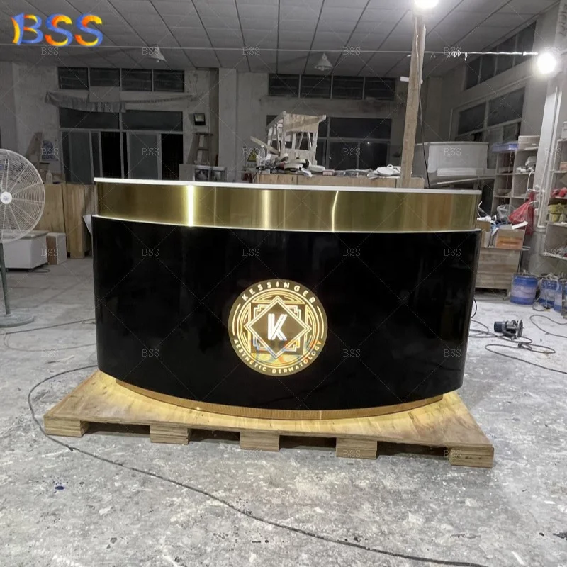 Front Desk Receptionist Table Modern Design Half Round Gold Led Logo Office Salon Spa Custom Marble Black Reception Desk