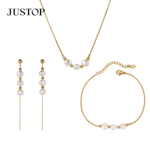 Wholesale Custom PVD 18K 24K Gold Stainless Steel Natural Pearl Shell Freshwater Earrings Bracelet Fashion South Sea Pearl