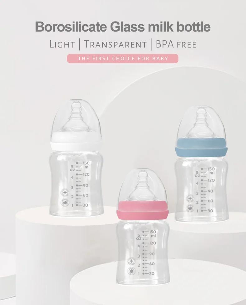 Amzone Hot Selling Baby Products Wide Neck Borosilicate Glass Baby Bottle Organic Feeding Bottle