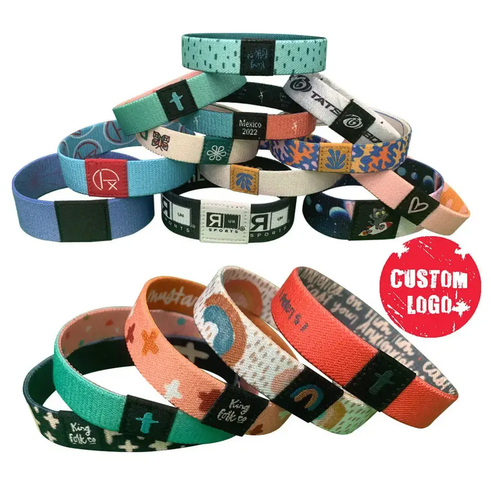 Cheap Custom Logo Full Color Print Party Sport Basketball Festival Polyester Bracelet Sublimation Fabric Woven Elastic Wristband