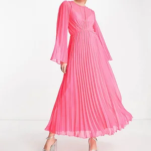 Spring Women's Solid Crew-neck Long Fluted Sleeve Pleated Fit and Flare Breathable Midi Dress