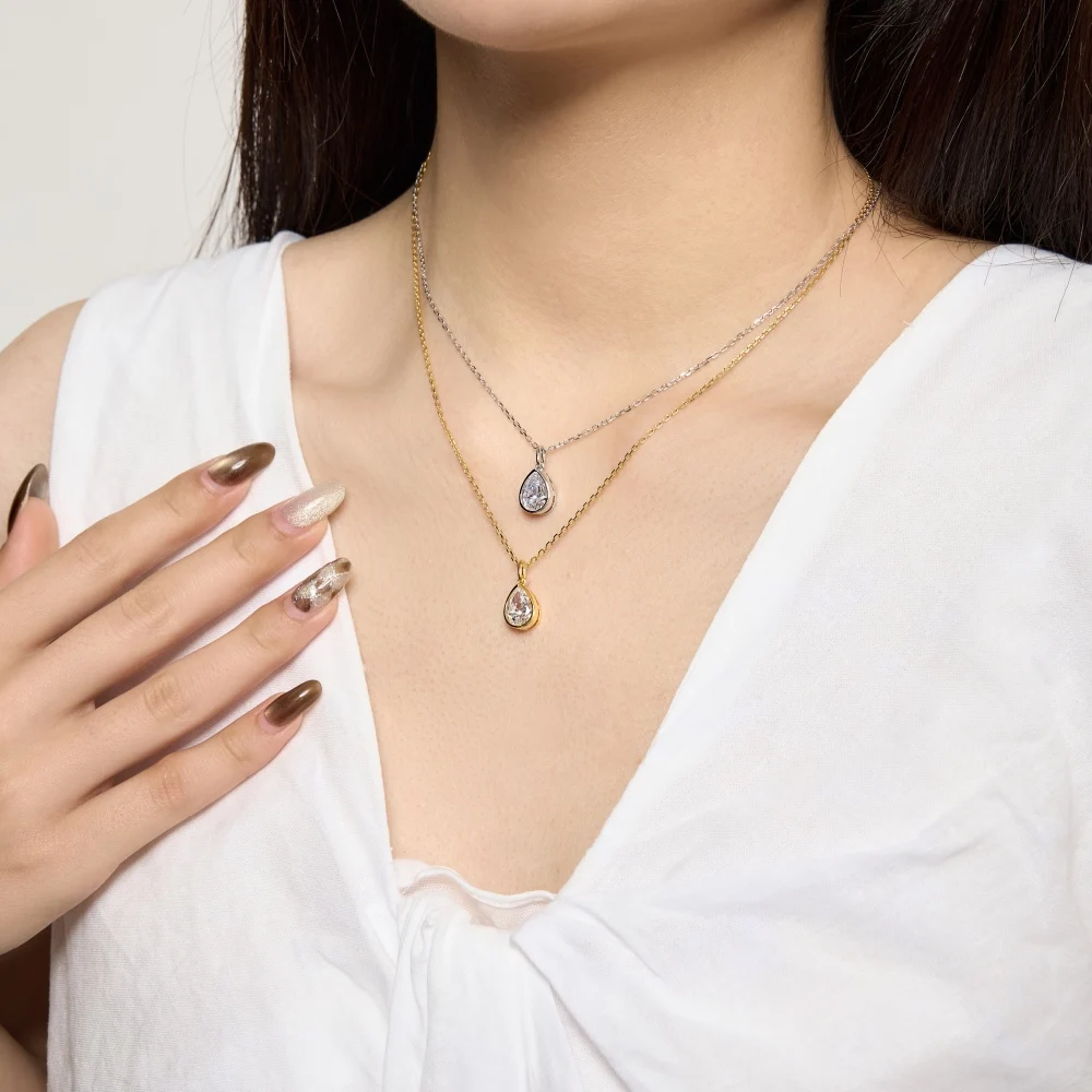 KAKODIY New Simple Design Beautiful 18K Gold Rhodium Plated 925 Sterling Silver Solitaire 2.5ct Pear Shape 5A Zirconia Pendant Necklace detail 1
