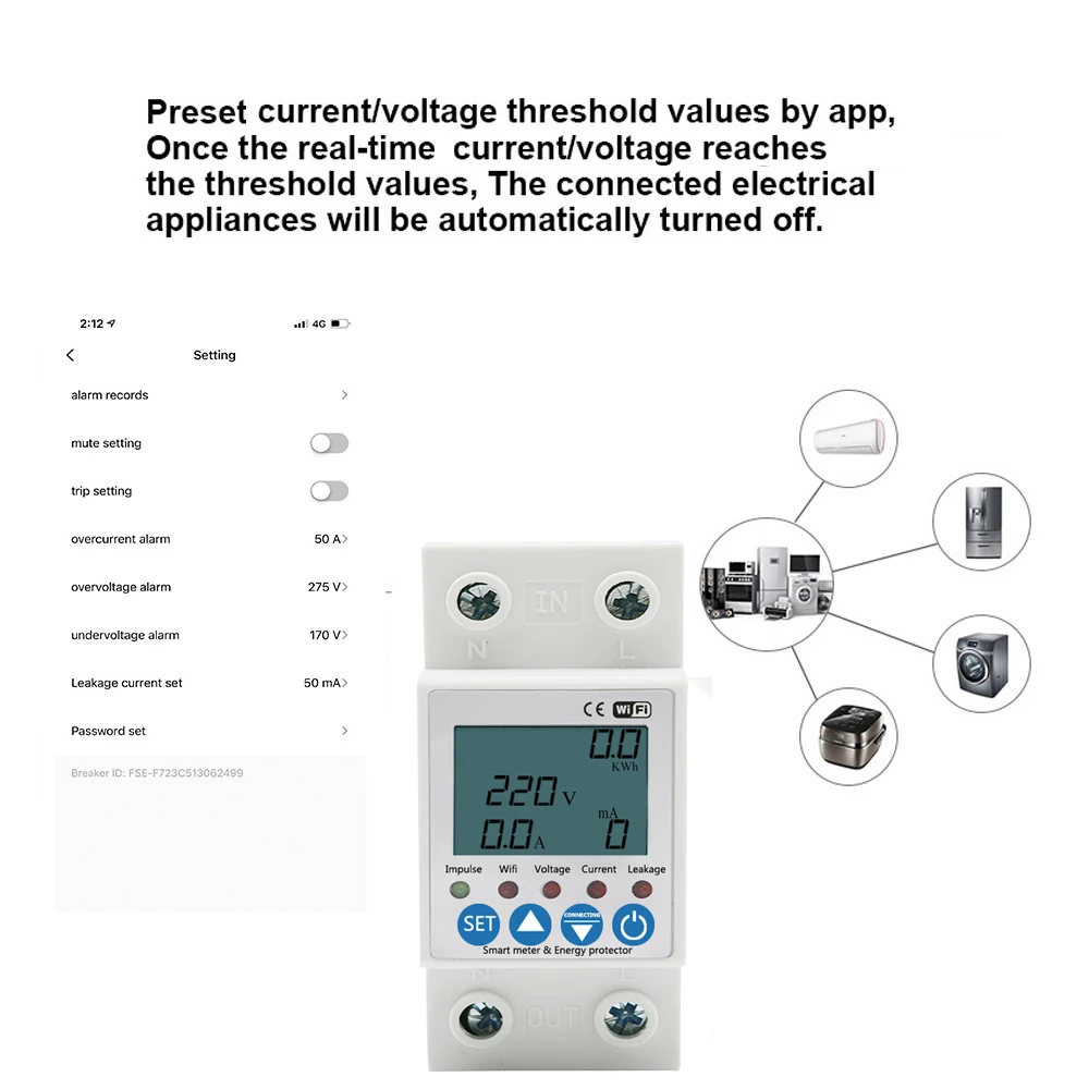 63A TUYA APP WiFi Smart Circuit Breaker Earth Leakage Over Under Adjustable Voltage Protector Relay/Energy Power KWh Meter