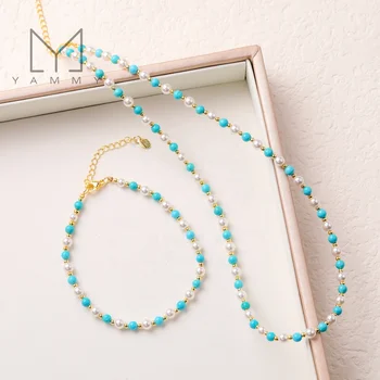 Mini Blue Turquoise beads With White Shell Pearl Beads Necklace Bracelets Set for Bohemia Style, Gifts for her.