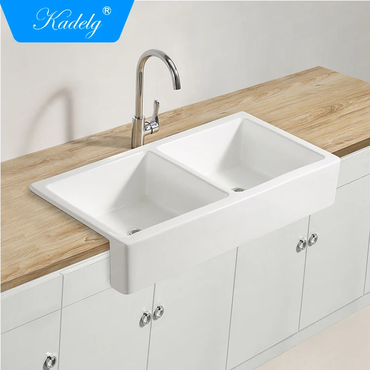 CUPC double bowl drop-in mounting White Apron Front Ceramic Kitchen SInk