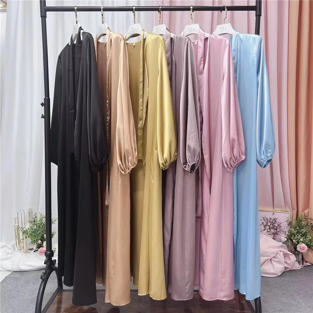 Satin Open Abaya Kimono Turkey Bubble Sleeve Abayas for Women Dubai Dress Islamic Clothing Modest Outfits Kaftan