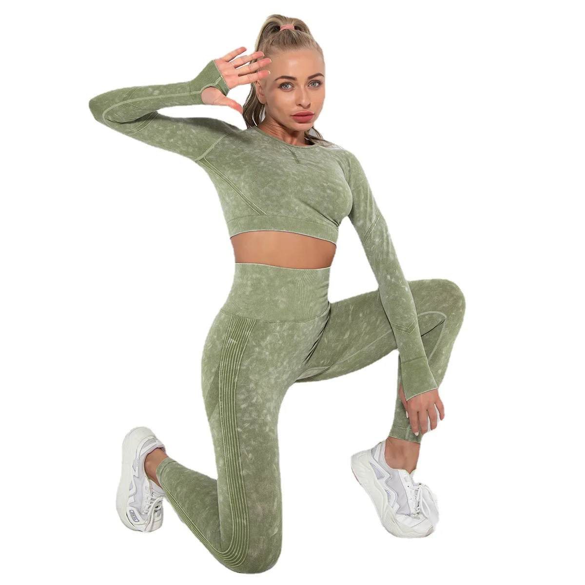 2022 2PC Acid Washed Gym Crop Tops Scrunched Butt Yoga Sets