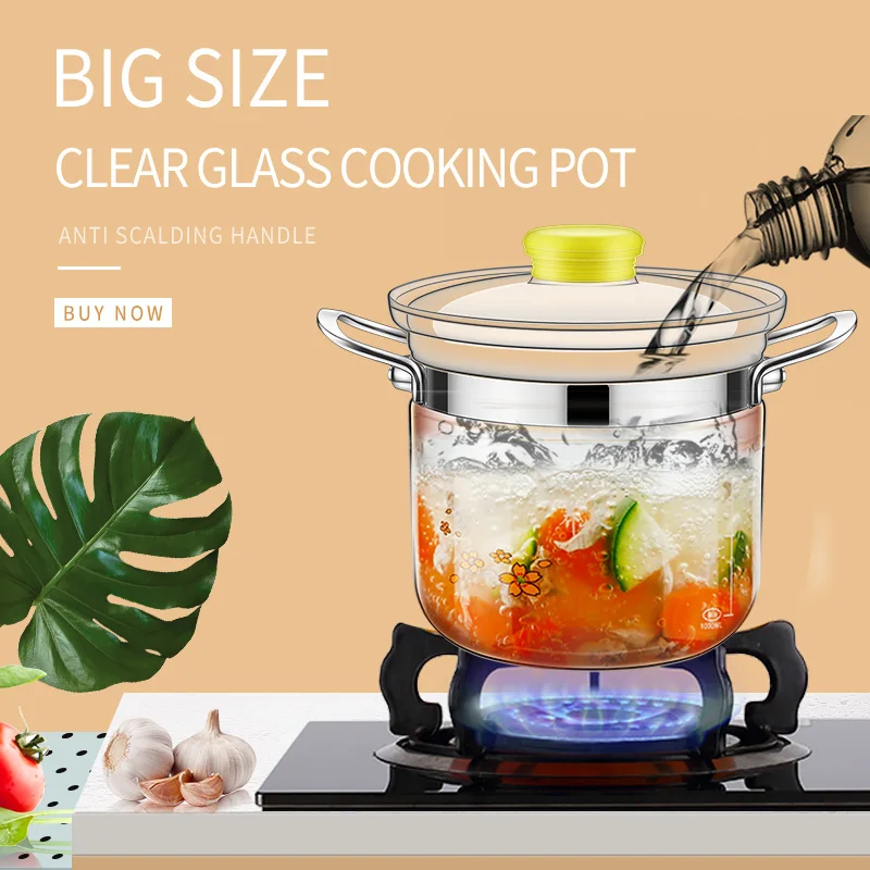 Newly designed borosilicate transparent glass cooking pot set with stainless steel handle