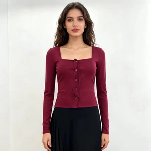Women's Square Neck Long Sleeve Slim Fit Top Button Detail Burgundy Casual Knit Vintage Style Blouse for Women