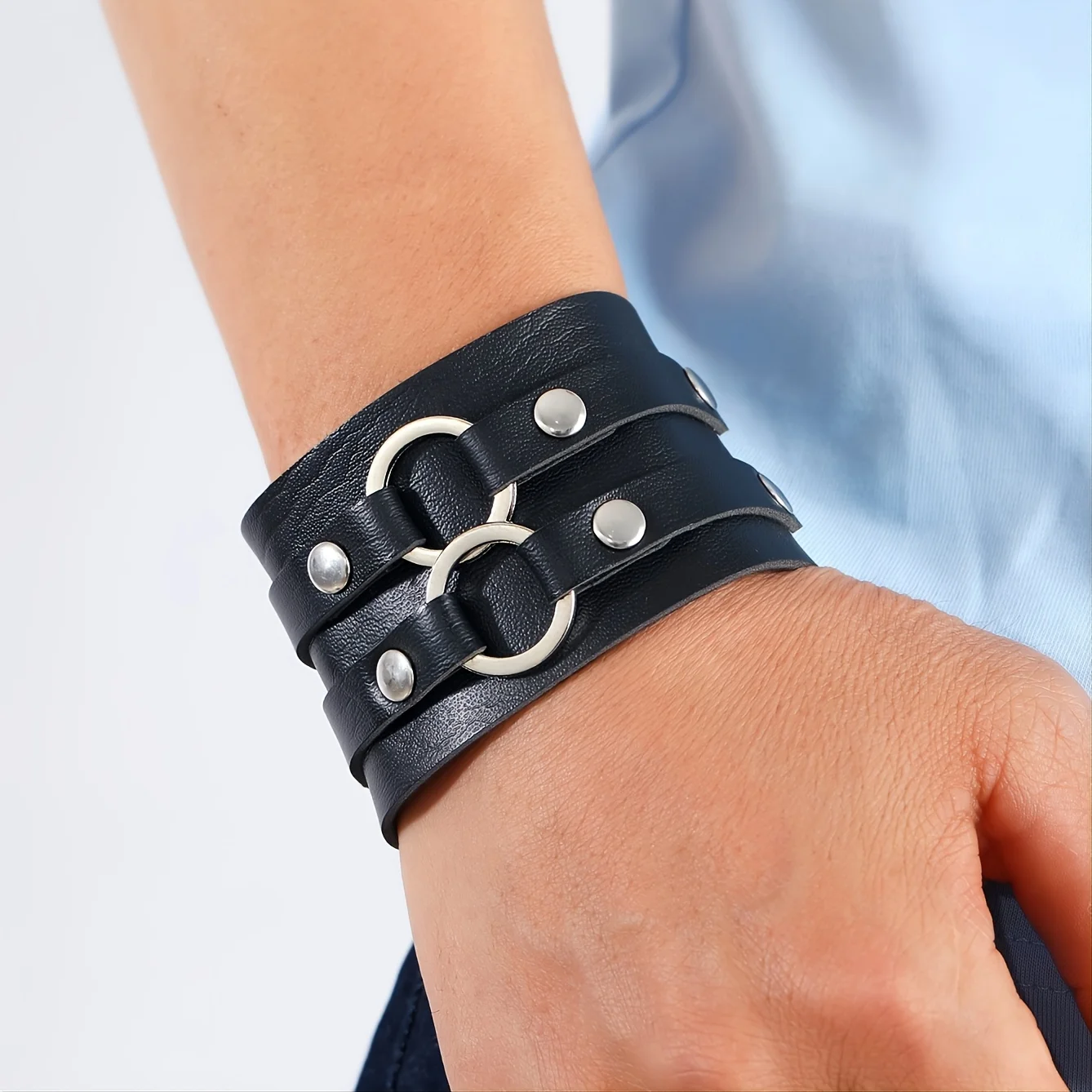 Latest Design Retro Men Simple Style Cowhide Double Loop Rock Wide Leather Bracelet