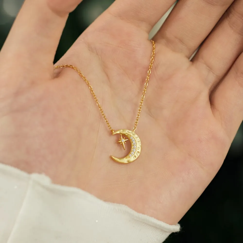 KAKODIY 925 Sterling Silver Chain 5A Cubic Zirconia Frosted Surface Crescent Moon Pendant Necklace Christmas Gift detail 3