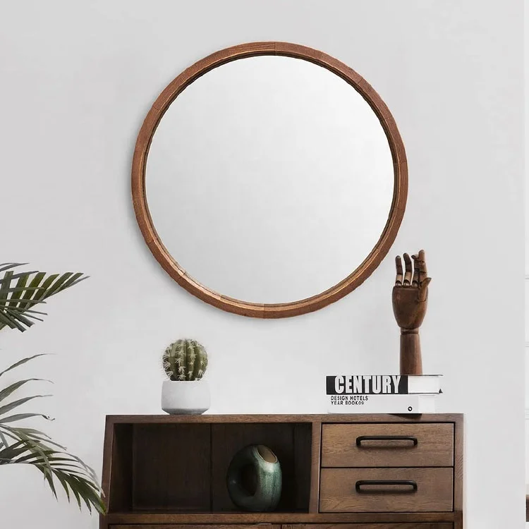 Espejo redondo de madera de 30 pulgadas, espejo de baño grande con marco de  pared para tocador de granja, espejo rústico