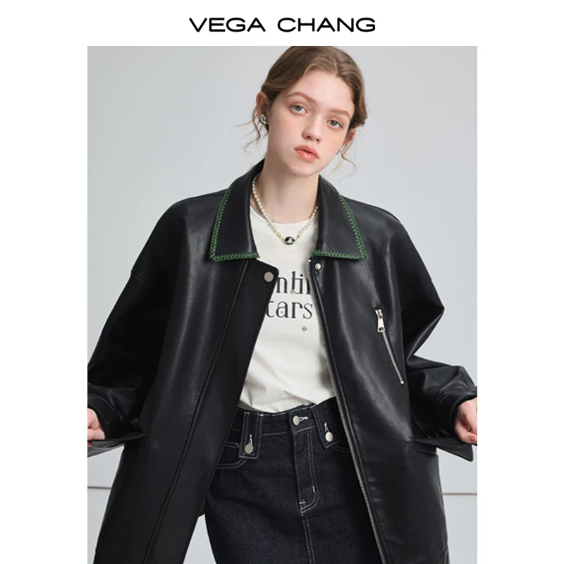 VEGA CHANG Loose Look Slim Motorcycle Style PU Leather Jacket