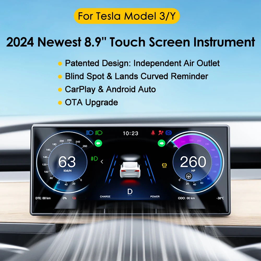 Vjoycar 8.9" Instrument CarPlay Touch Screen Dashboard Display For Tesla Model Y Model 3 Screen Accessories Monitor Cluster