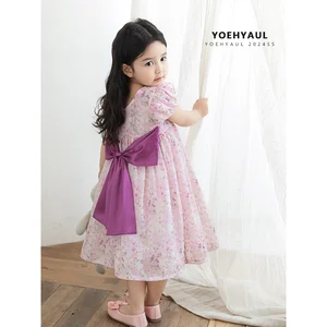 YOEHYAUL X4308 100% Cotton Lining Woven Pink Sweet Floral Baby Dress With Purple Bow Wholesale Kids Child Dresses Girl Elegant