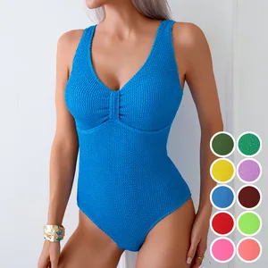 Solid Color One Piece Swimsuit for Women Plus Size Wrinkled Fabric Tummy Control Textured Swimwear with Wide Shoulder Straps