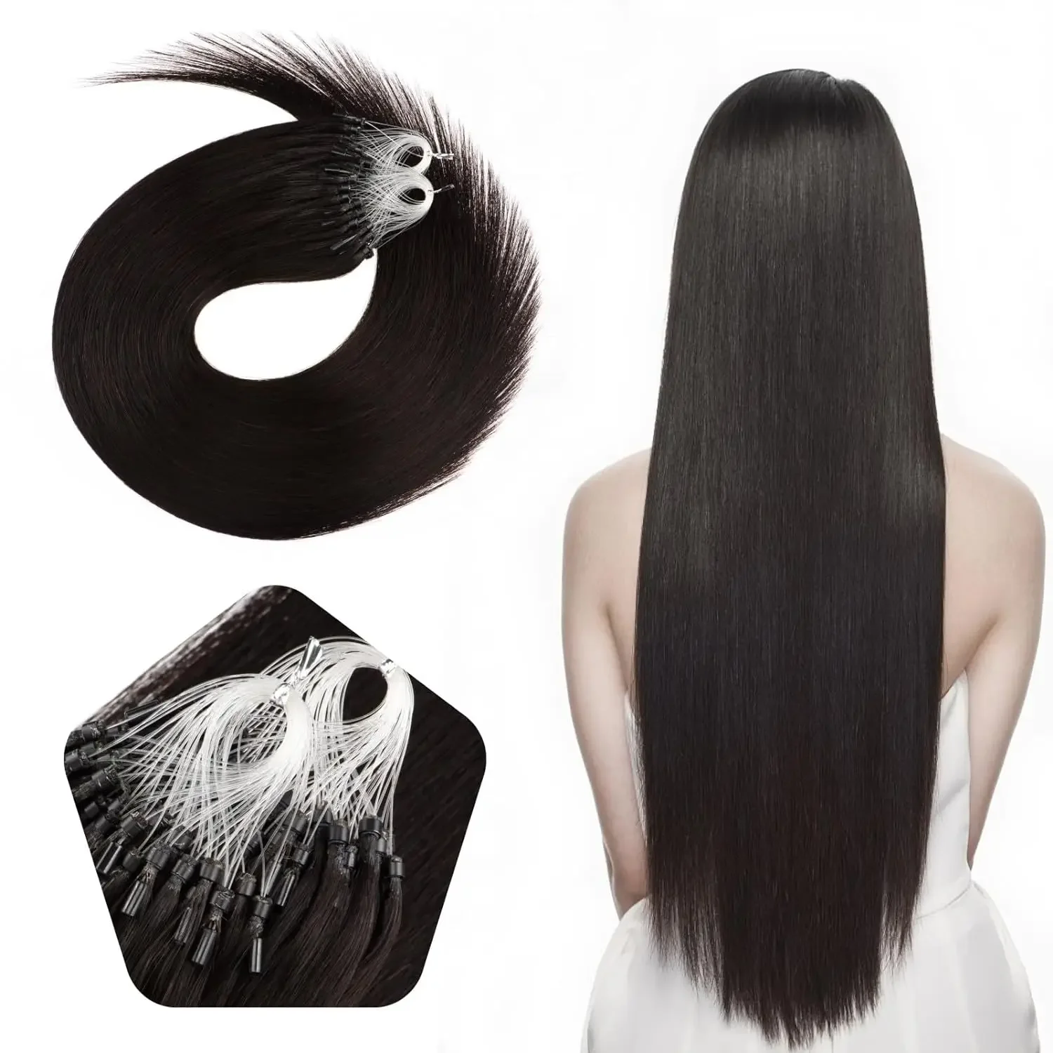 Extension per capelli Micro Loop da 16-26 pollici con micro perline, estensione per capelli Remy da 1 g/ciocca da 50 g, colore #1B, nero naturale liscio per salone_voghion.com